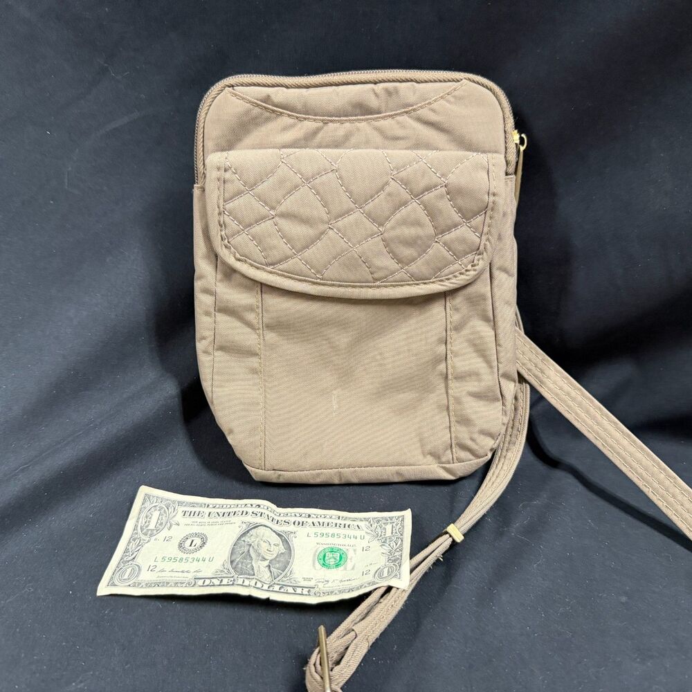 Travelon Beige Anti Theft Quilted Pouch Crossbody Bag 9.5” x 7.5”